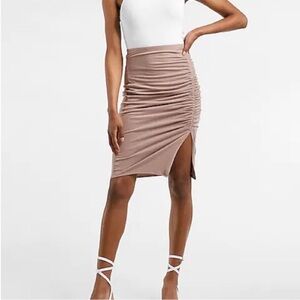 Express Silky Sueded Ruched Bodycon Midi Skirt Tan Size Small NWT High Waisted